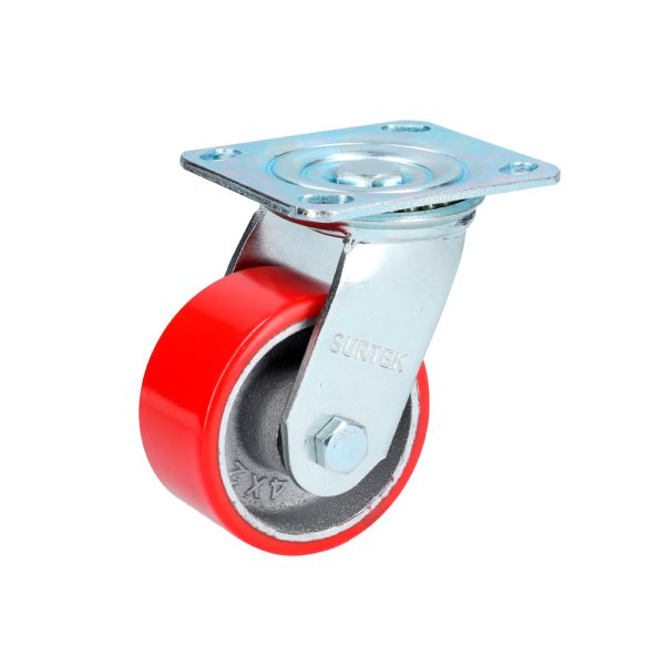 RP10G - Rodaja de fierro con poliuretano rojo giratoria 4" Surtek