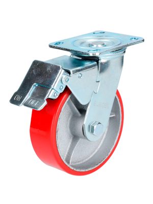 RP15B - Rodaja de fierro con poliuretano rojo giratoria con freno 6" Surtek