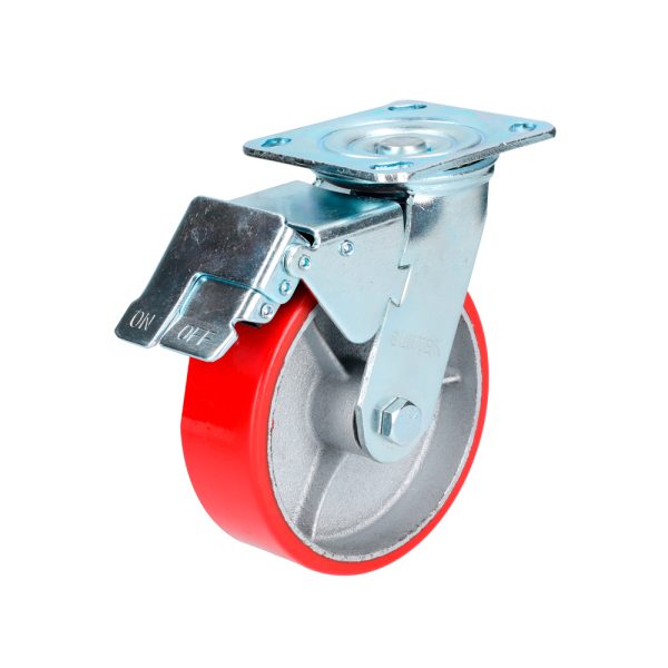 RP15B.jpg RP15B - Rodaja de fierro con poliuretano rojo giratoria con freno 6" Surtek