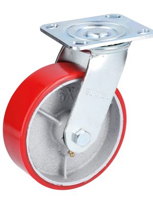 RP7G - Rodaja de fierro con poliuretano rojo giratoria 3" Surtek