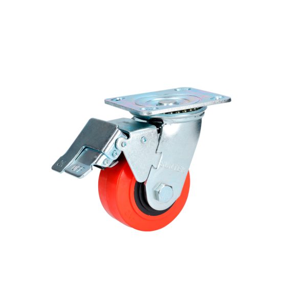 RR10B - Rodaja de poliuretano rojo giratoria con freno 4" Surtek