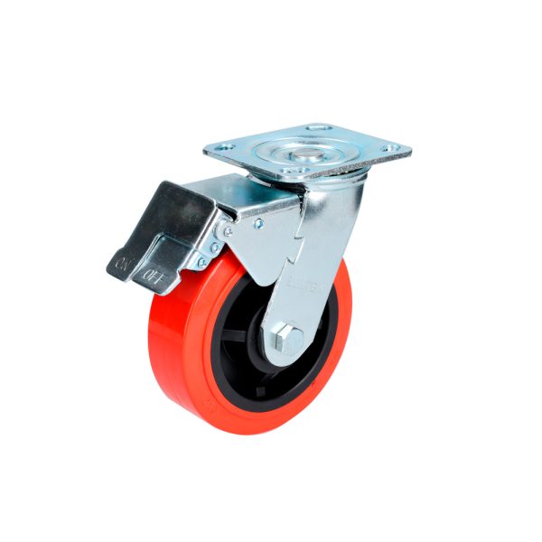RR15B - Rodaja de poliuretano rojo giratoria con freno 6" Surtek