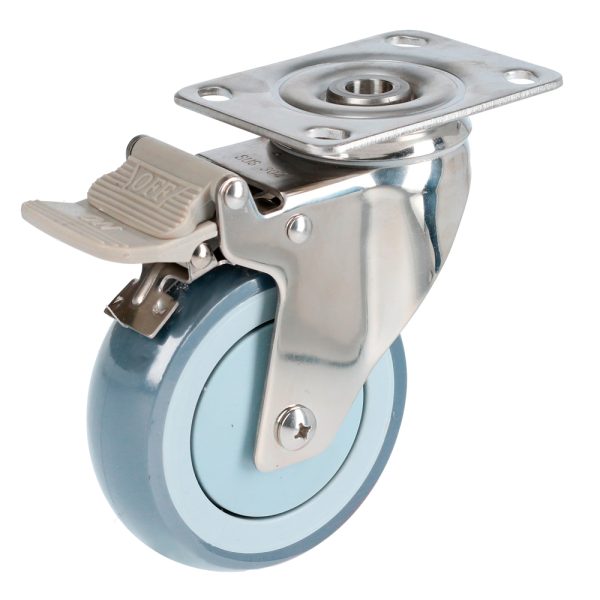 RTI10B.jpg RTI10B - Rodaja de TPR gris con herrajes de acero inoxidable giratoria con freno 4" Surtek