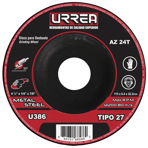U386 - Disco abrasivo tipo 27 para metal 4-1/2" x 1/4" Urrea