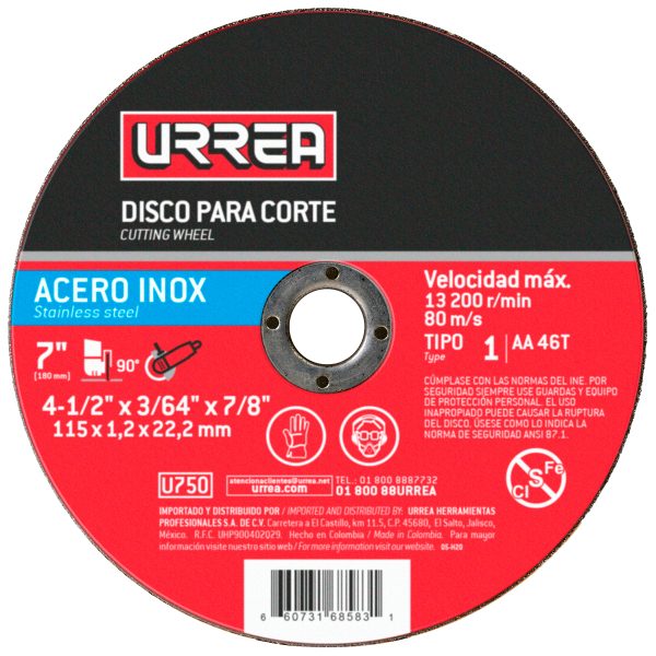 U750 - Disco abrasivo tipo 1 para acero inoxidable 4-1/2" x 3/64" Urrea