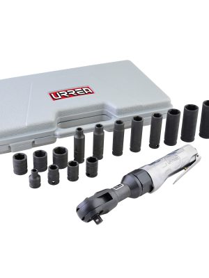 UP886KM - Juego de matraca neumática y dados cuadro de 3/8" métricos, 17 piezas Urrea