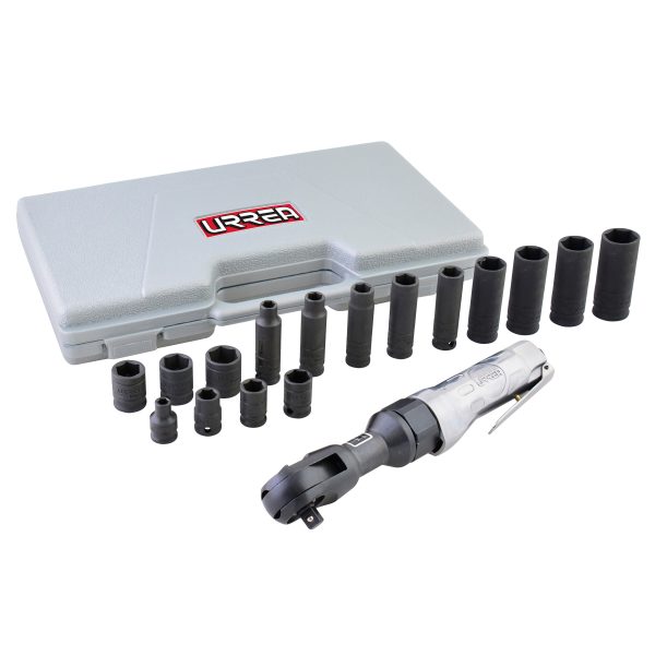 UP886KM - Juego de matraca neumática y dados cuadro de 3/8" métricos, 17 piezas Urrea