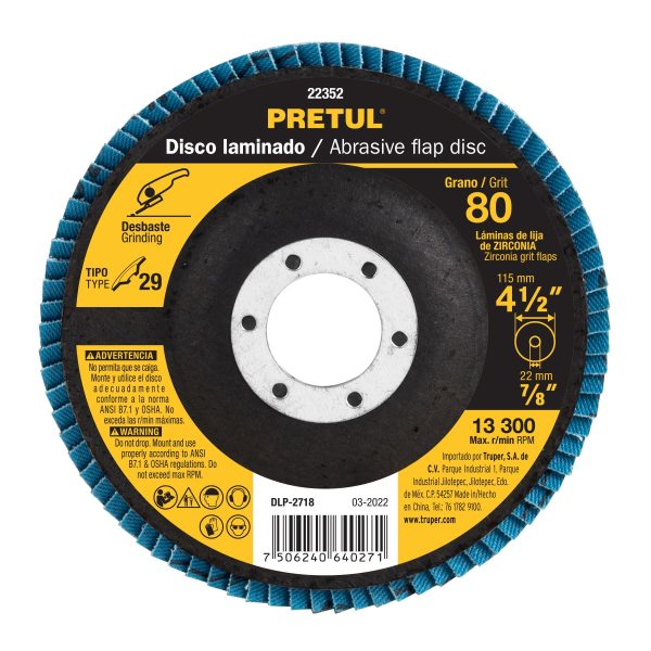 22352 - Disco laminado 4-1/2', grano 80 centro 7/8', fibra, PRETUL