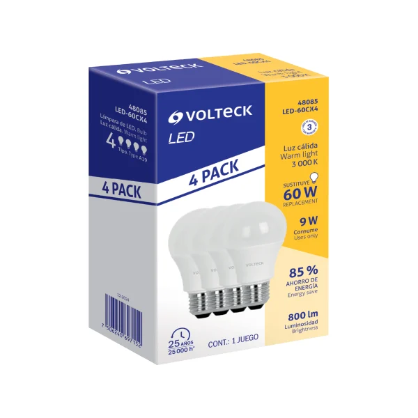 48085 - Pack de 4 lámparas LED A19 9 W (equiv. 60 W), luz cálida
