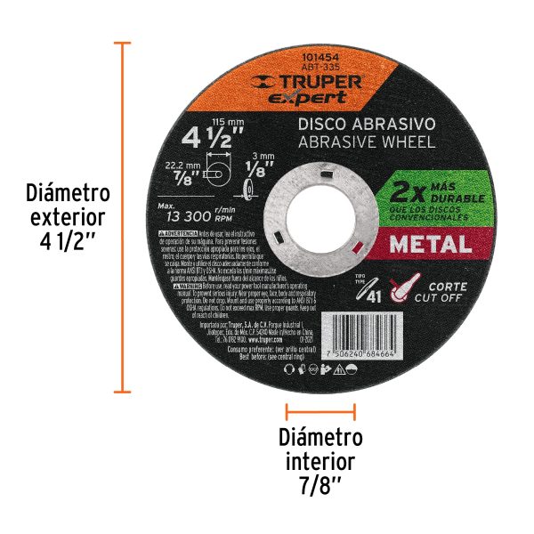 ABT-335FC1.jpg 101454 - Disco para corte de metal 4-1/2' tipo 41, Truper Expert
