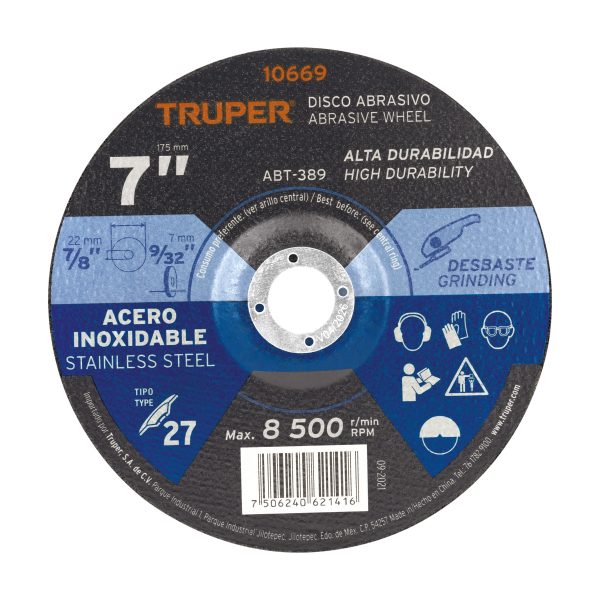 10669 - Disco Tipo 27 de 7' x 7.2 mm desbaste de acero inoxidable