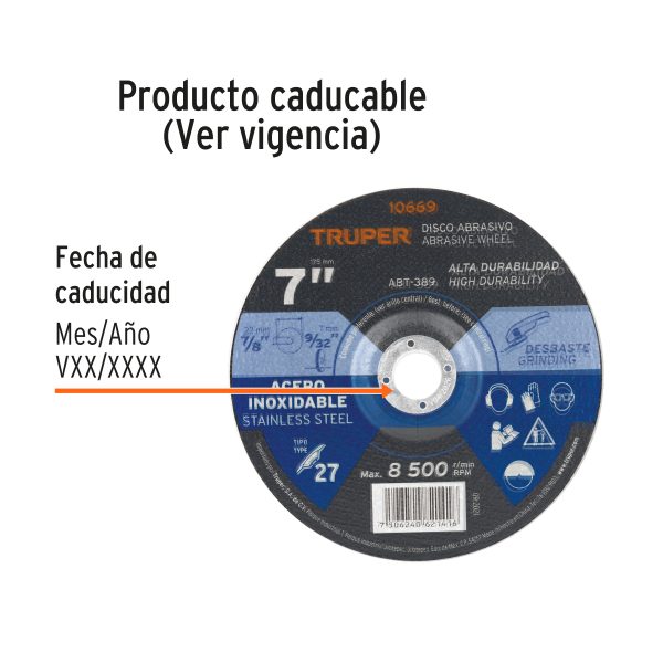 10669 - Disco Tipo 27 de 7' x 7.2 mm desbaste de acero inoxidable