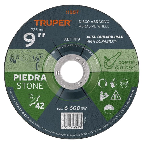 11557 - Disco Tipo 42 de 9' x 3.2 mm para corte de piedra, Truper