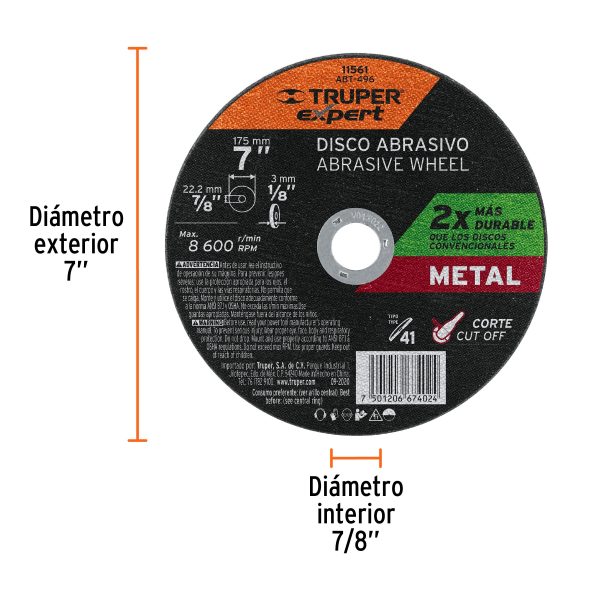 11561 - Disco para corte de metal, tipo 41, diámetro 7' Expert