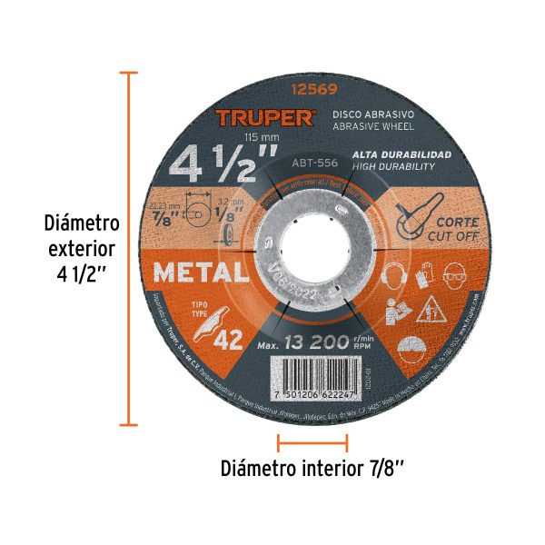 12569 - Disco Tipo 42 de 4-1/2' x 3.2 mm para corte de metal, Truper