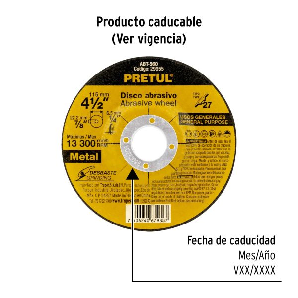 29955 - Disco Tipo 27 de 4-1/2' x 6.2 mm desbaste de metal, Pretul