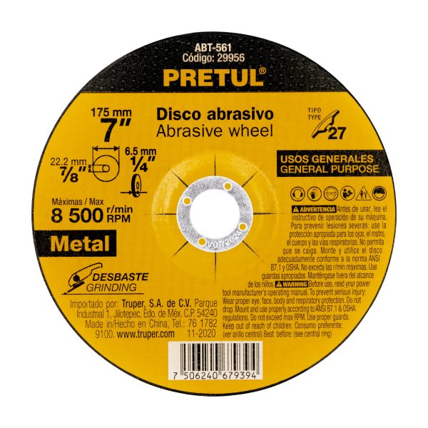 29956 - Disco Tipo 27 de 7' x 6.2 mm desbaste de metal, Pretul