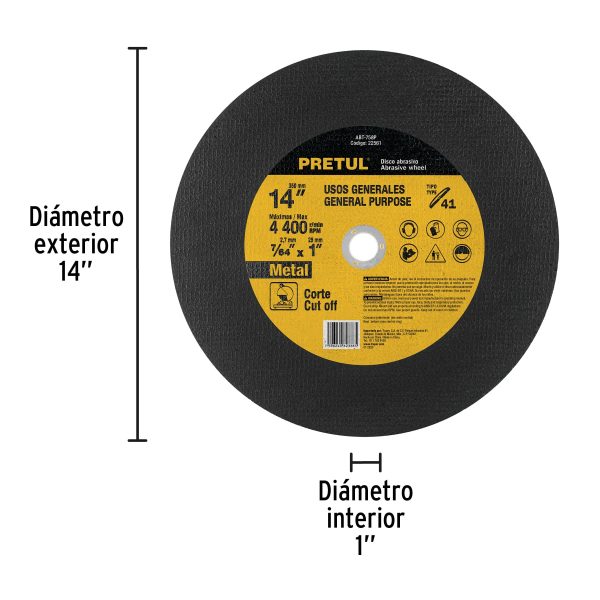 22561 - Disco Tipo 41 de 14' x 3.1 mm para corte de metal, PRETUL