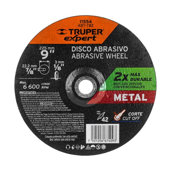 11554 - Disco Tipo 42 de 9' x 3.2 mm corte metal, Truper Expert