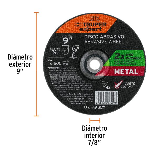 11554 - Disco Tipo 42 de 9' x 3.2 mm corte metal, Truper Expert