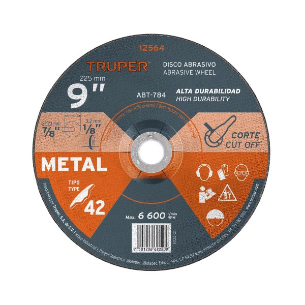 12564 - Disco Tipo 42 de 9' x 3.2 mm para corte de metal, Truper