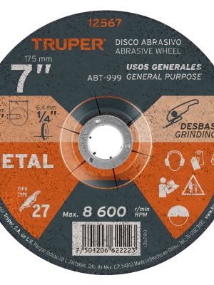 12567 - Disco Tipo 27 de 7' x 6.4 mm para desbaste de metal, Truper