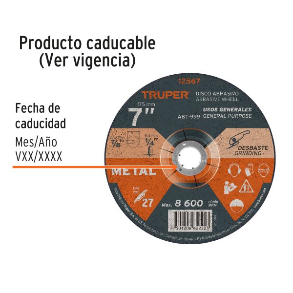12567 - Disco Tipo 27 de 7' x 6.4 mm para desbaste de metal, Truper