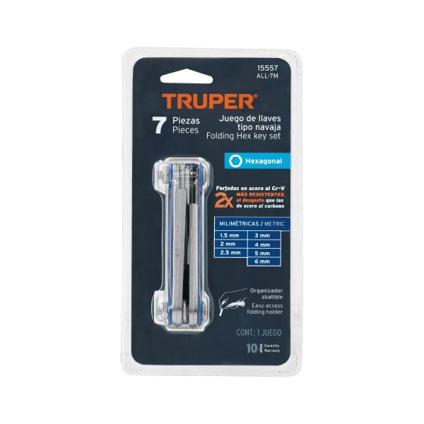 15557 - Juego de 7 llaves allen mm tipo navaja, cuerpo de lámina