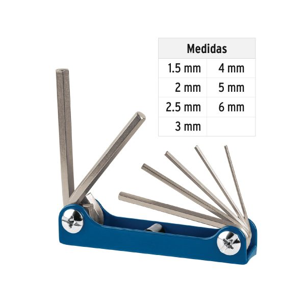 15557 - Juego de 7 llaves allen mm tipo navaja, cuerpo de lámina