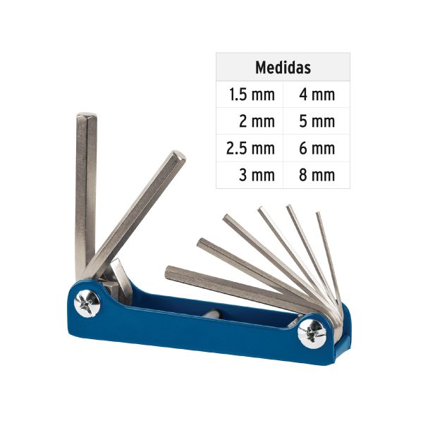 15555 - Juego de 8 llaves allen mm tipo navaja, cuerpo de lámina