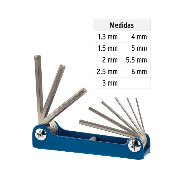 15563 - Juego de 9 llaves allen mm tipo navaja, cuerpo de lámina