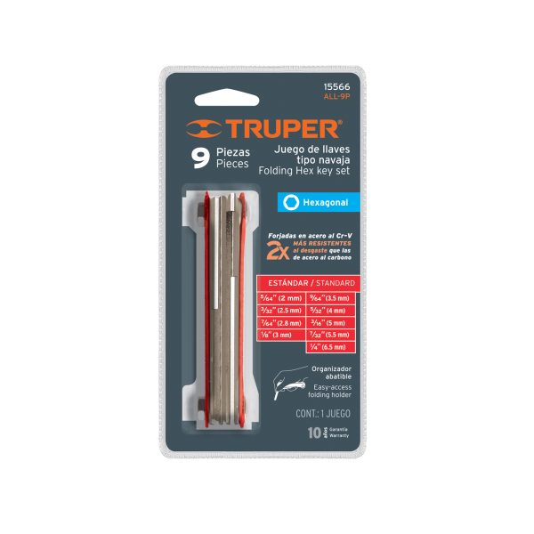 15566 - Juego de 9 llaves allen std tipo navaja, cuerpo de lámina
