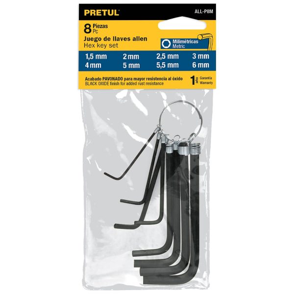 21851 - Juego de 8 llaves allen mm tipo llavero, punta hex, PRETUL
