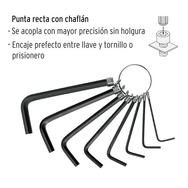 21851 - Juego de 8 llaves allen mm tipo llavero, punta hex, PRETUL
