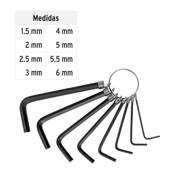 21851 - Juego de 8 llaves allen mm tipo llavero, punta hex, PRETUL