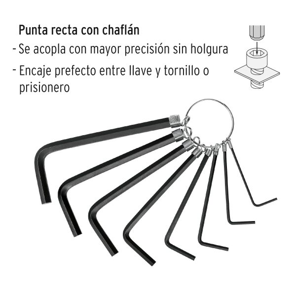 21850 - Juego de 8 llaves allen std tipo llavero, punta hex, PRETUL