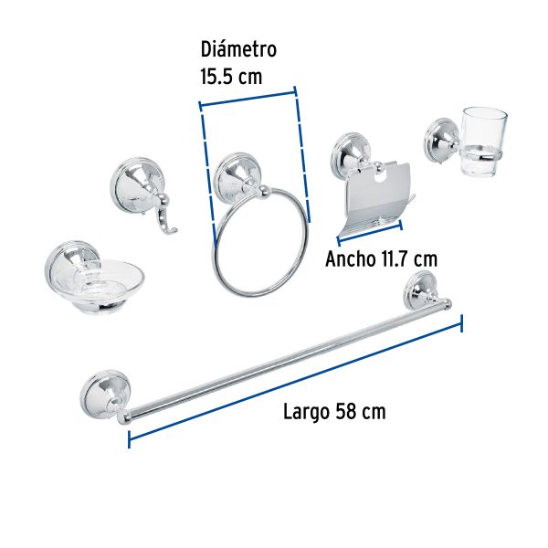 48339 - Juego de 6 acc. p/baño cromo chapetón redondo grande, Aqua