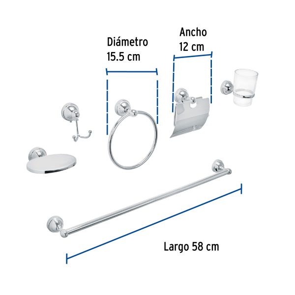48340 - Juego de 6 acc. p/baño cromo chapetón redondo chico, Aqua