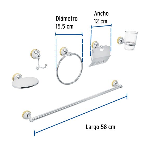 48343 - Juego 6 acc. p/baño cromo-oro chapetón redondo chico, Aqua