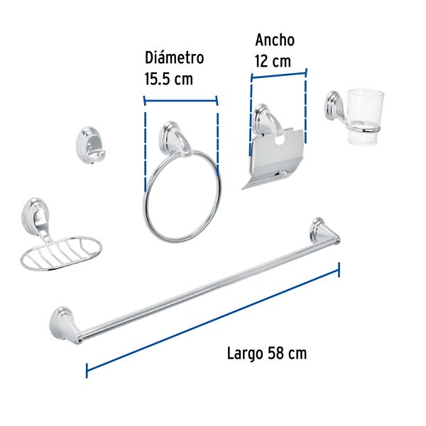48341 - Juego de 6 accesorios p/baño cromo chapetón ovalado, Aqua