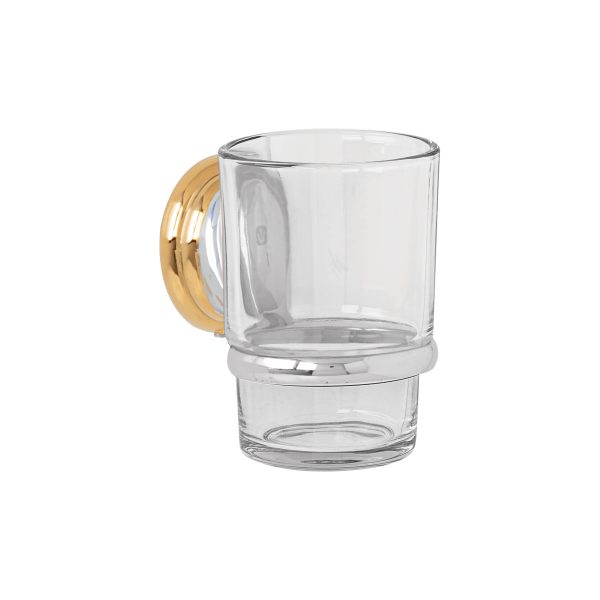 45977 - Portavaso cepillero cromo-oro con vaso de vidrio, Foset Aqua