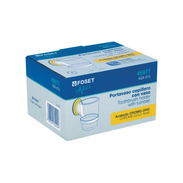 45977 - Portavaso cepillero cromo-oro con vaso de vidrio, Foset Aqua