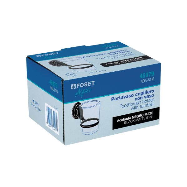 45979 - Portavaso cepillero negro con vaso de vidrio, Foset Aqua
