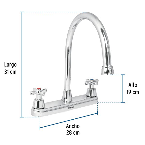 49686 - Mezcladora fregadero 8' cromo, cuello largo, cruceta, AQUA