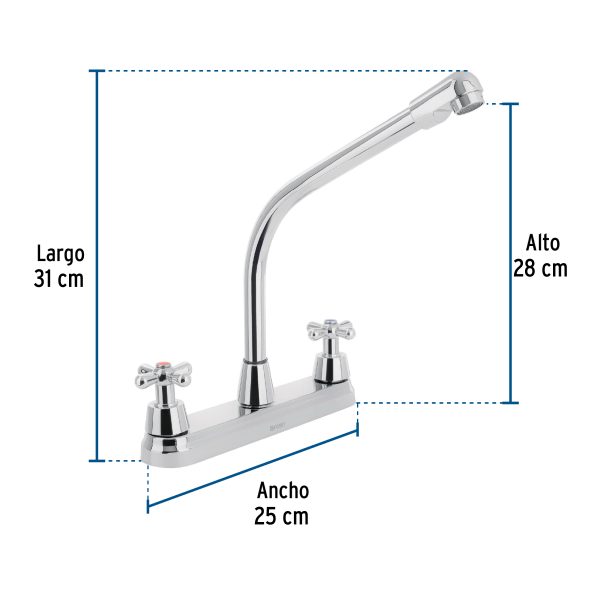 45626 - Mezcladora fregadero 8' cromo, cuello cobra, cruceta, AQUA
