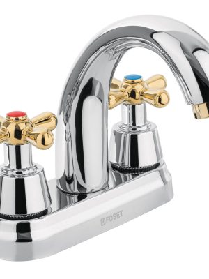 45355 - Mezcladora lavabo 4' cromo-oro, nariz curva, cruceta, AQUA