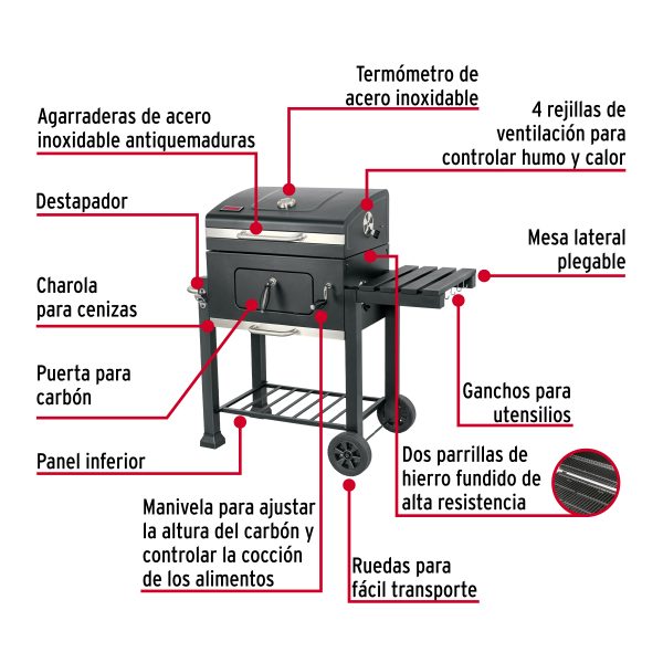 48248 - Asador de carbón de 24' con tapa, negro, Fiero