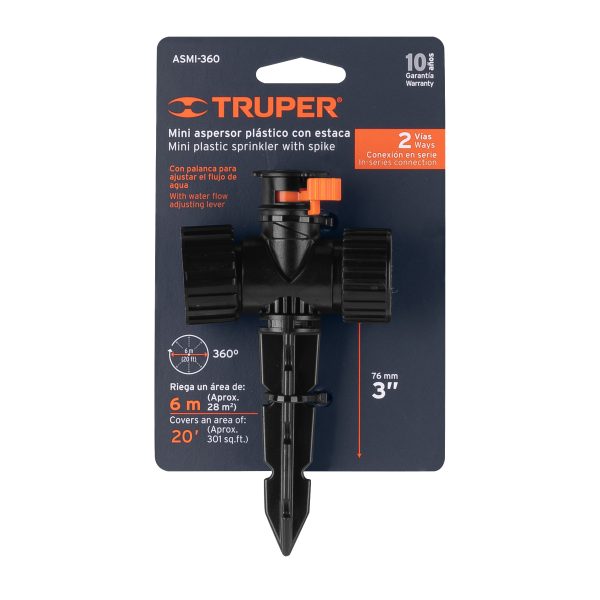 12297 - Mini aspersor plástico, dos vias, irrigacion 360°, Truper