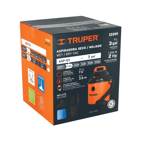 12091 - Aspiradora de sólidos y líquidos, 3 gal, plástica, Truper