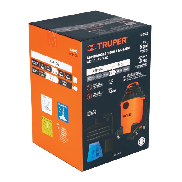 12092 - Aspiradora de sólidos y líquidos, 6 gal, plástica, Truper
